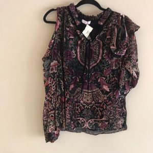 Velvet cold shoulder (ruffled) front tie blouse